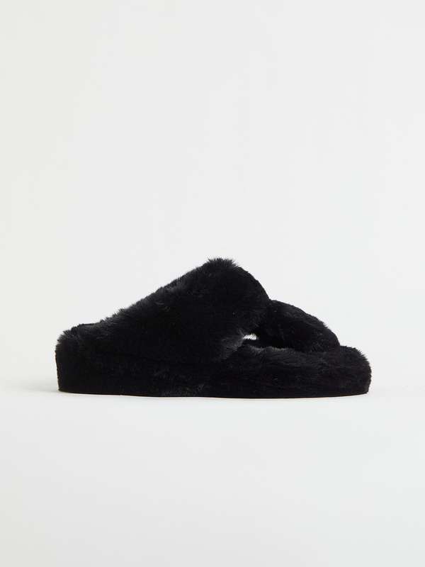 Black faux fur slides Clearance