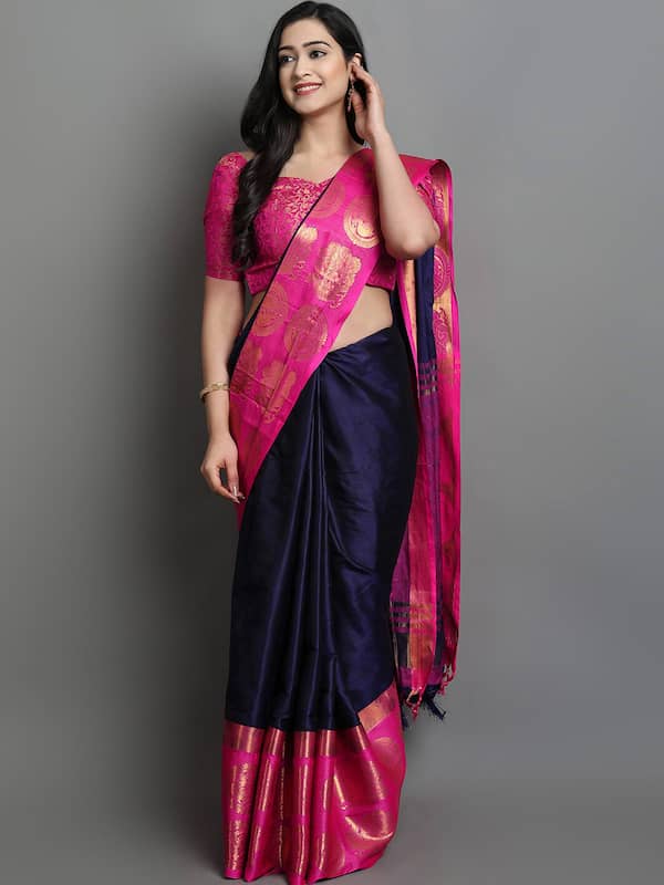 Navy Blue Blouse Design With Red Saree For Karwa Chauth