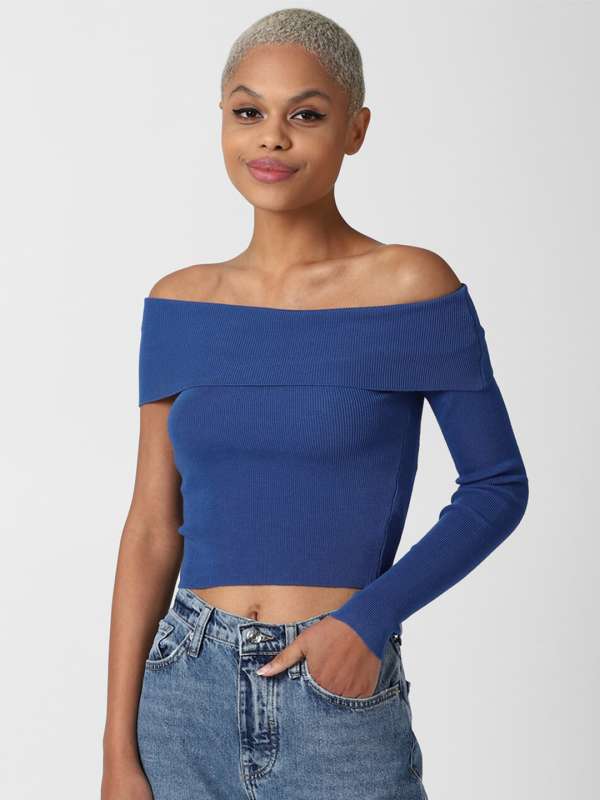 Blue and white bardot top shop