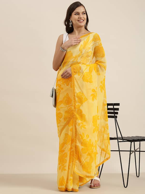 Yellow fancy chiffon saree features intricate sequin stripe design  embroidery all over the saree, plain border
