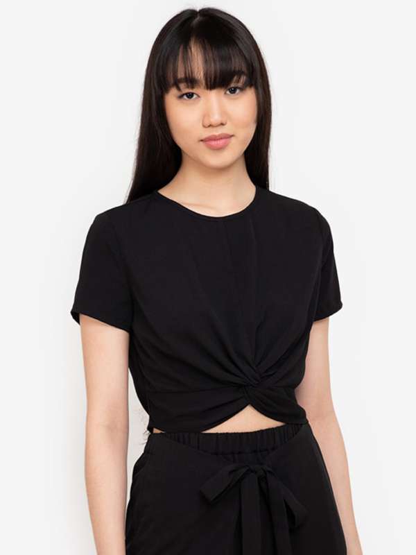Women's Short Sleeve Belly Cut Out Crop Top- Black – Stylestone