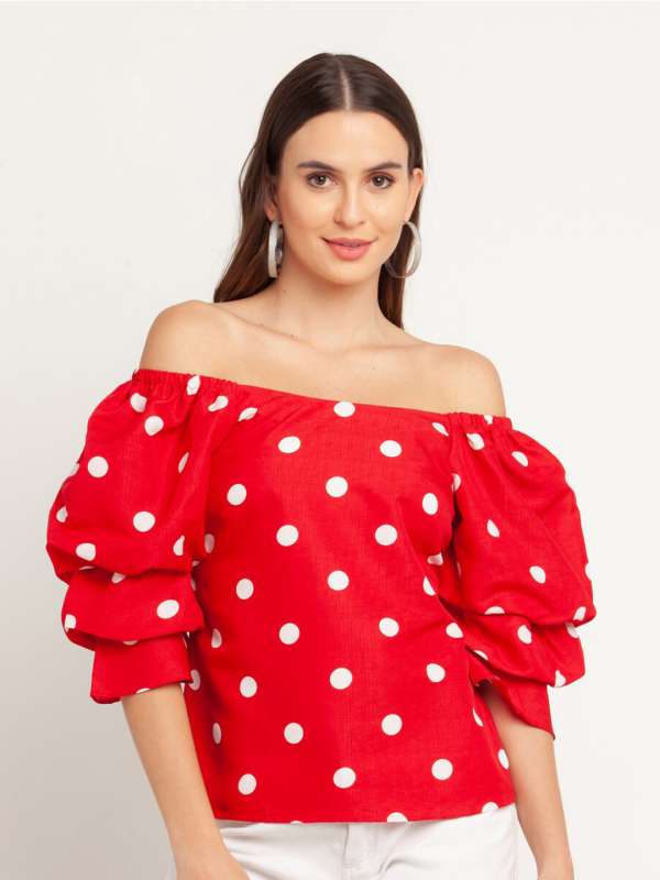Red polka dot bardot top new arrivals