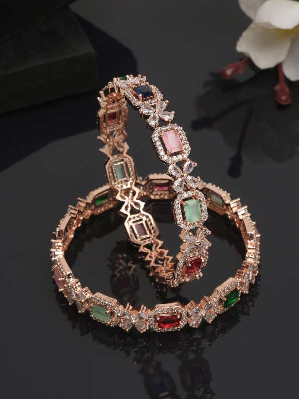 CZ American diamond Pink Stone Bangles set | High Rose Gold AD bracelet and  bangles set of four | Indian Bollywood Style Fashion Bangle set