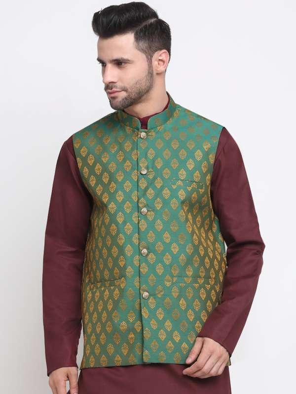 Neudis Green Woven Design Nehru Jacket Buy Neudis Green Woven