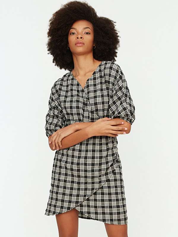 Women Black And White Checked Fit And Flare Dress  Black
