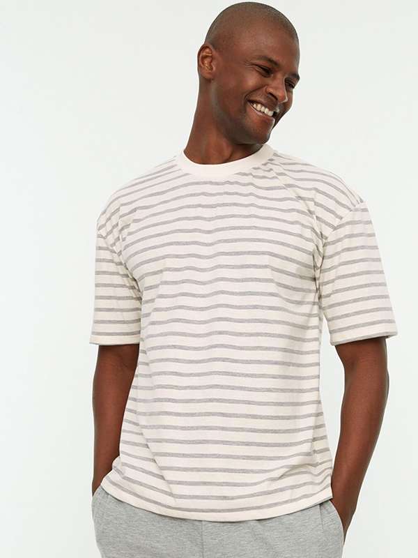 Off White Grey Striped Round Neck Tshirts - Buy Off White Grey Striped  Round Neck Tshirts online in India