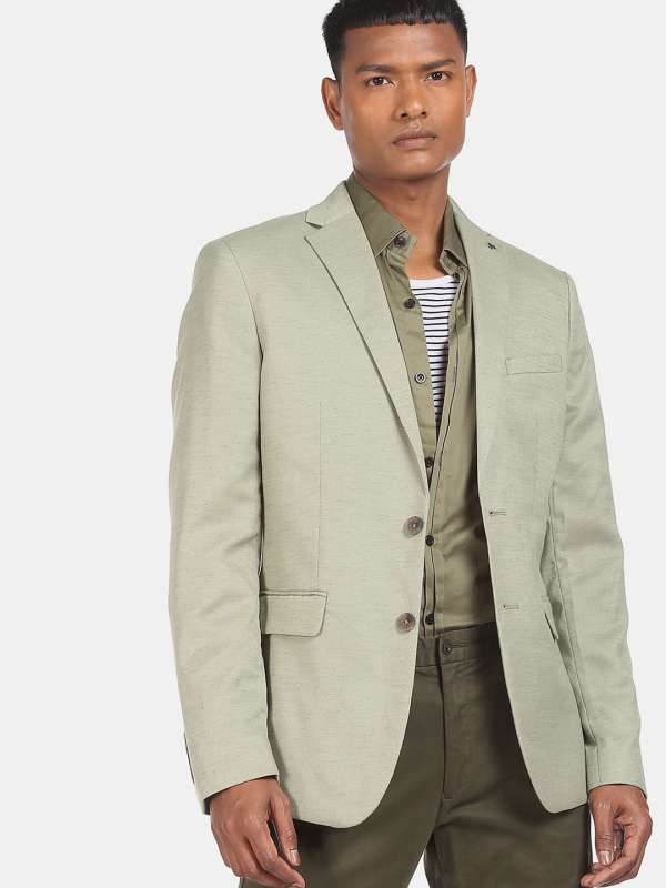 Arrow Men Olive Grey Single Breasted Patterned Knit Blazer, Green (42)