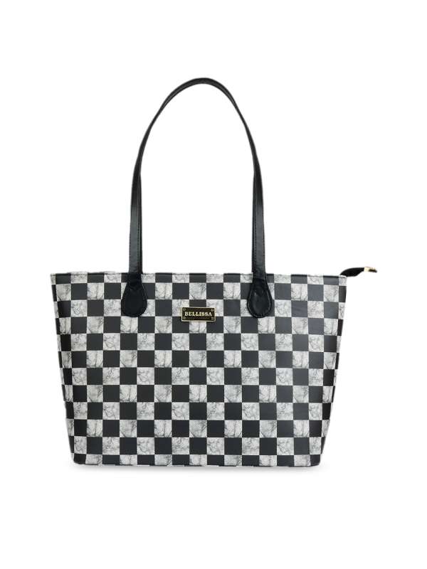 Womens White Checkered Tote Shoulder Bag Purse With Inner Pouch