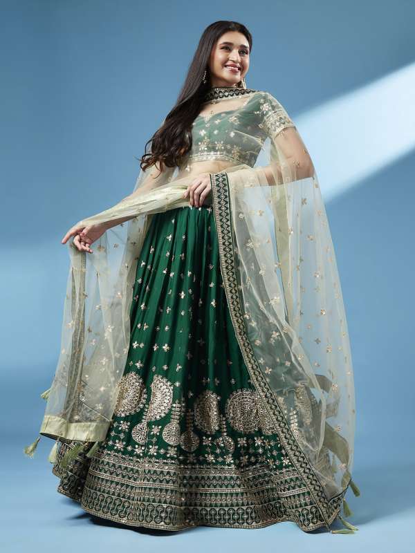 Silk Bottle Green Lehenga Choli Indian Ethnic Wedding Wear Lengha Chunri  Sari | eBay