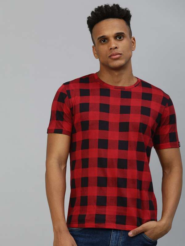 Red and black check t top shirt mens