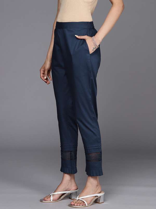 Navy Blue Cotton Trouser For Women, Solid Regular Fit