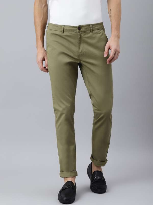 Cotton Slub Solid Regular Fit Casual Green Trouser Pants | Yash Gallery