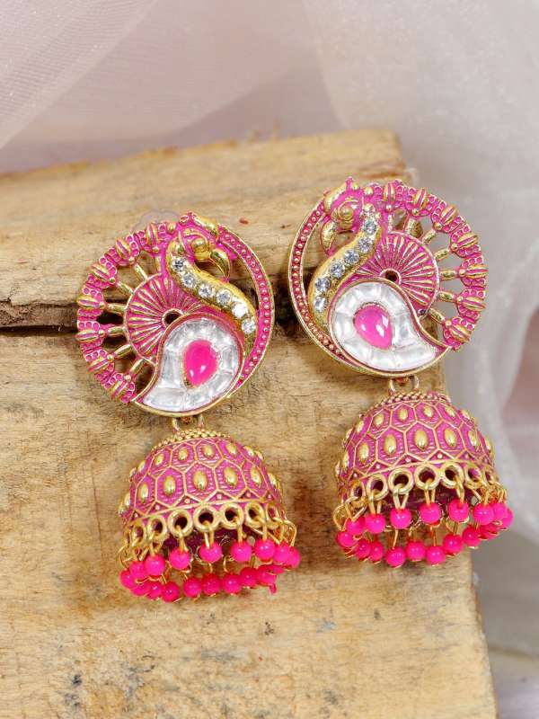 Pink stone jhumkas cheap