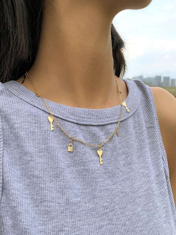 Bellofox Lock & Key Layered Pendant & Chain Necklace, Gold Plated