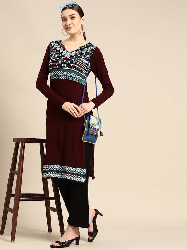Buy Aishah Designer Winter Woolen Kurti with Plazo for Women Art No. 707 A  | Size: XL Camel at Amazon.in