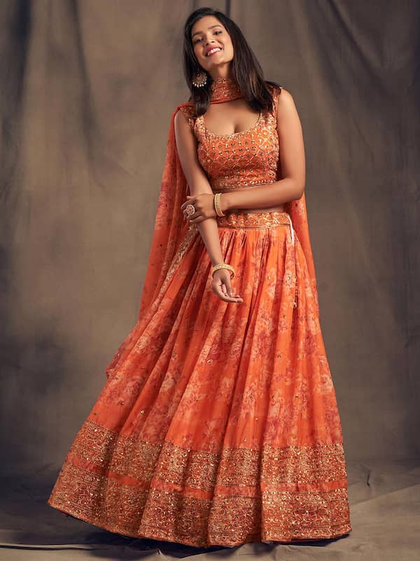 Orange Organza Lehenga with Embroidery - CCCK2589 from saree.com