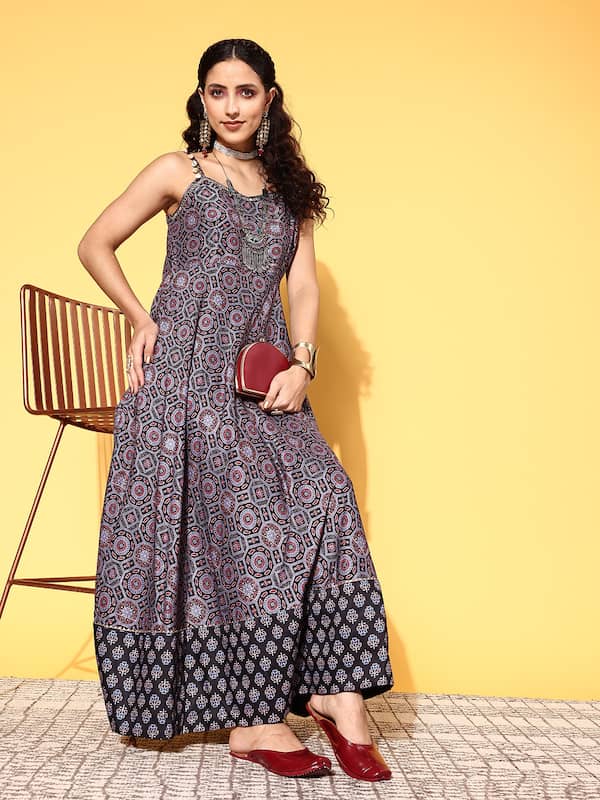 Printed Muslin Cotton Gown in Grey and Off White  TKL214