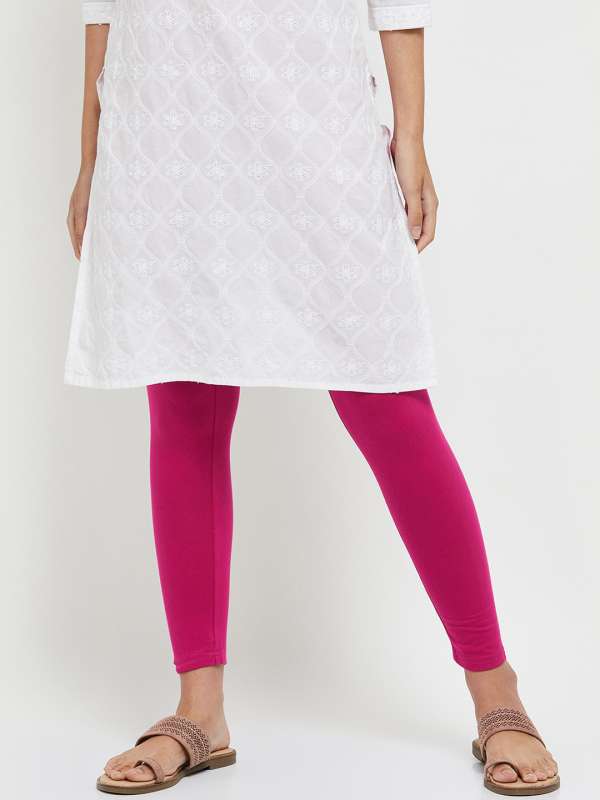 Buy KEX White Dark Pink Solid Cotton Ankle Length Legging Combo