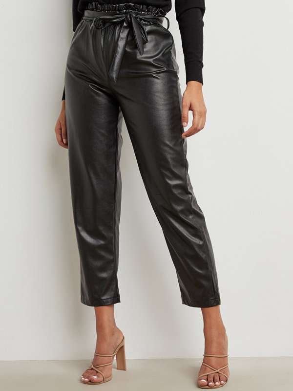 Black Womens Trousers Paper Bag Waist Self Belt Pocket Trousers Normal Cut  Trousers  Amazonde Fashion