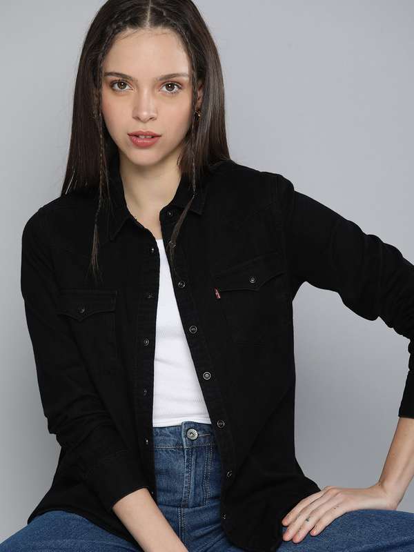 Black denim shirts for women clearance
