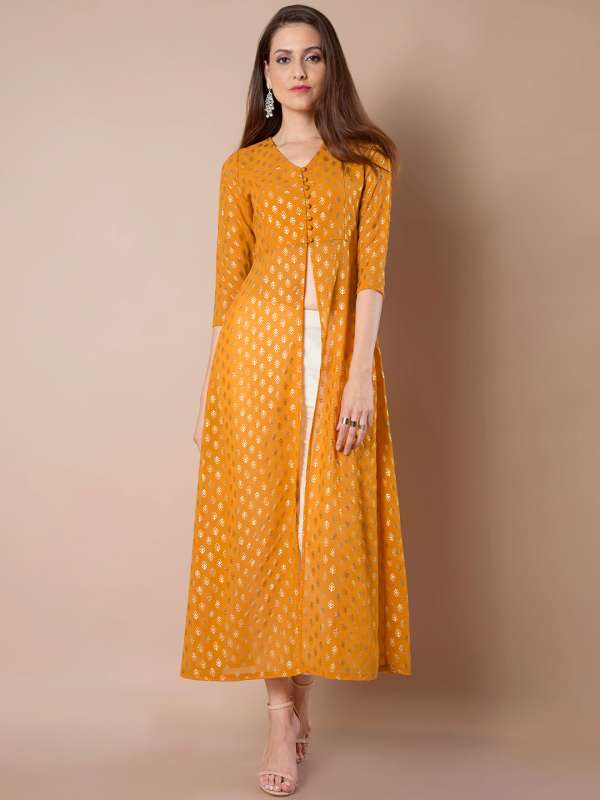 Foil Print High Slit Fusion Kurtas - Buy Foil Print High Slit Fusion Kurtas  online in India