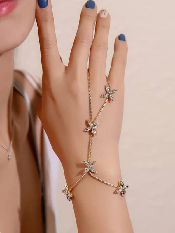 THANUS CRAFT Silver Plated Diamond Stone HathPhool Slave Chain Finger Ring  Bracelet Hand Harness Thong Hath Panja For Women and Girls  Amazonin  Jewellery