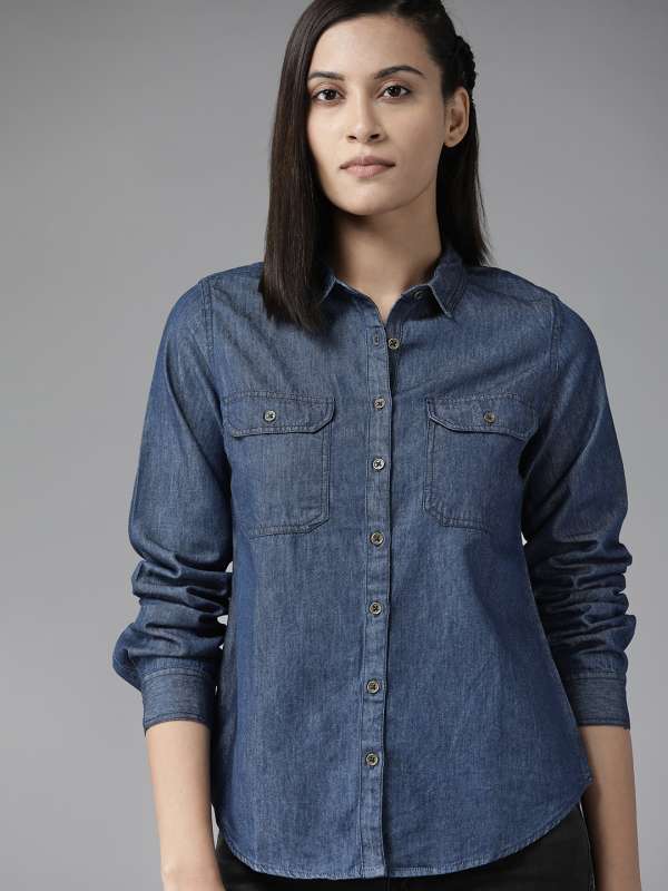 Women Casual Denim Shirt Blouse Back Slit Ladies Classic Blue Jean Shirts  Pocket