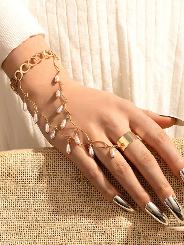 Lucky Jewellery Elegant White Color Gold Plated Finger Ring Bracelet For  Girls  Women