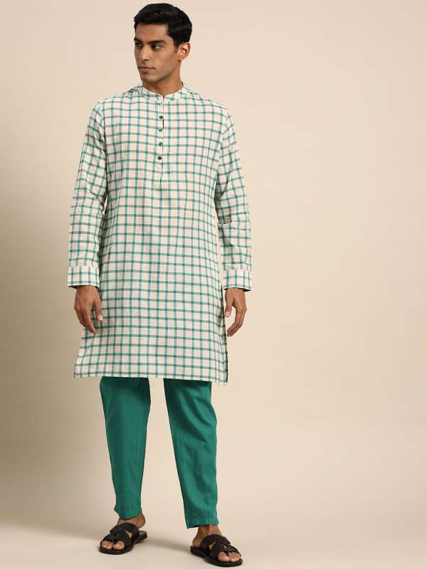 Ode by House of Pataudi Men Green  Black Rozana Kurta with Trousers   Absolutely Desi