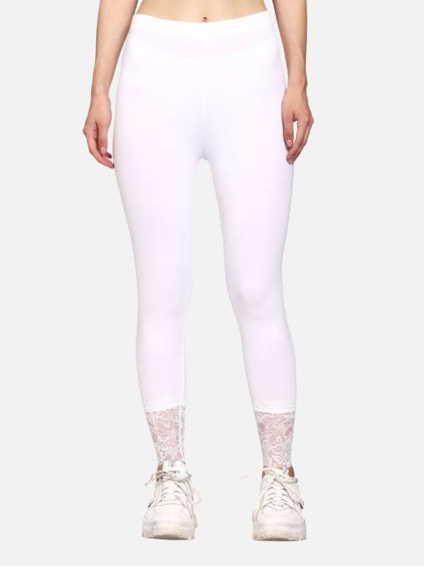 Women's Slim Fit Cotton Leggings Net Pattern Ankle Length Lace Leggings ( White)