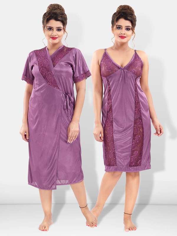 Zeyo Women Satin Purple Stripes Print Night Dress Sleep shirt
