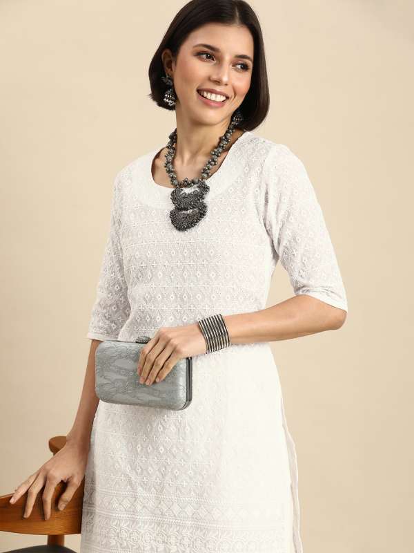 Buy White Woven Design Cotton Kurta Online at Rs.879