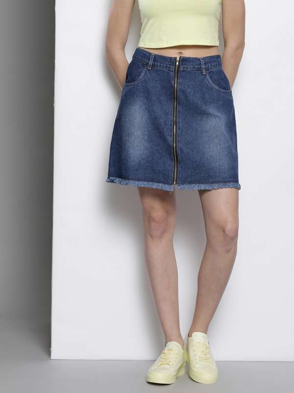 Knee length denim top skirt with zipper