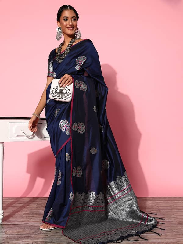 Peacock Blue Satin Silk Saree With Embroidered Blouse. – Yes We Shop