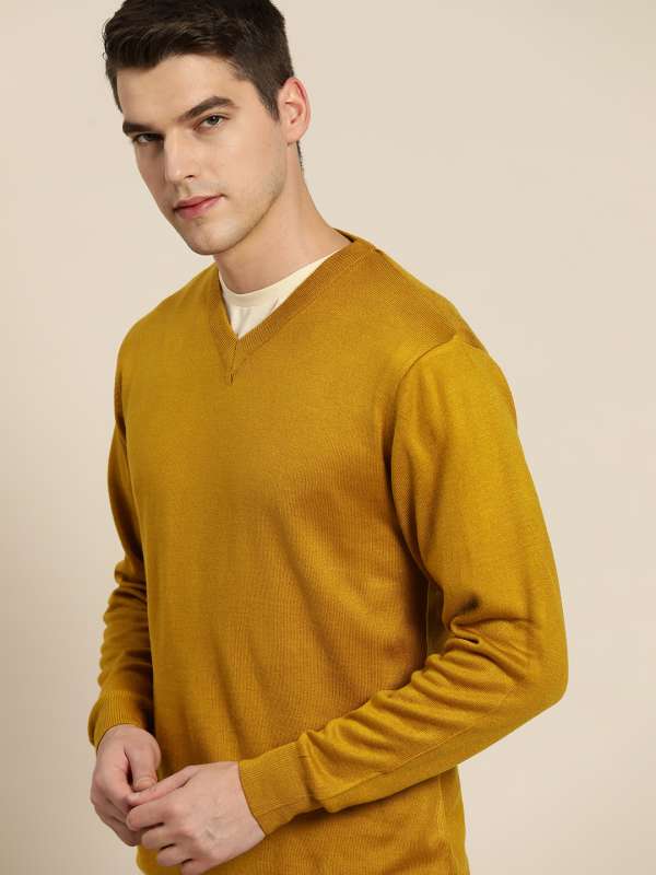 Mustard Yellow Solid V Neck Sweater Buy Mustard Yellow Solid V