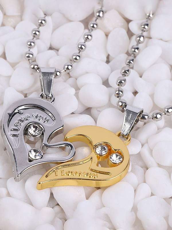 Simple love you stainless steel broken two heart pendant men couples chain necklace top
