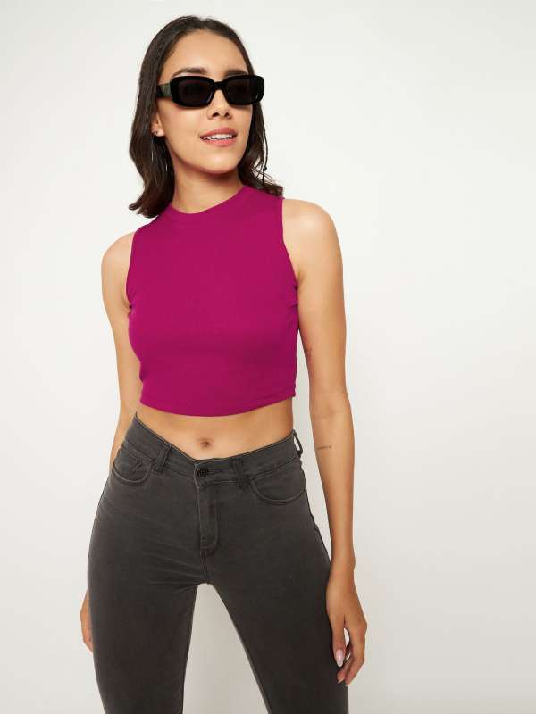 Buy Uptownie Lite Stretchable Polyester Front Slit Crop Top Red online