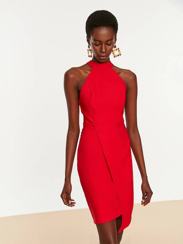 Buy RED U-NECK BELOW-KNEE BODYCON DRESS for Women Online in India