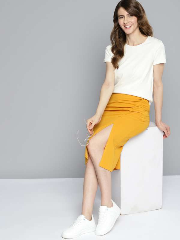 Buy Women Mustard Yellow Solid Pencil Skirt with Suspenders online   Looksgudin