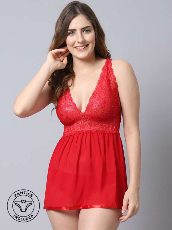Polyester Plus Size Lingerie for Women Lace Maroon Babydoll at Rs