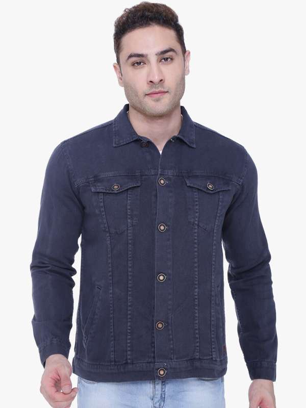 Grey jeans and blue denim jacket top