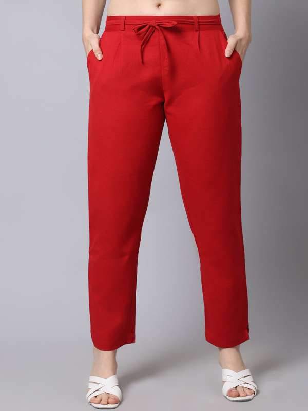 Women Coral Pink Regular Fit Cigarette Trousers