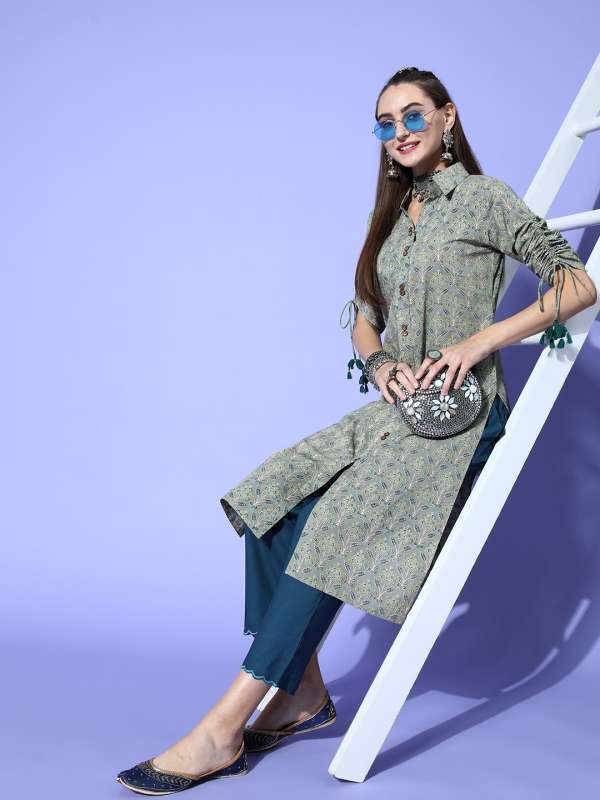 White and Green Embroidered Shirt Style Kurti  First Resort by Ramola  Bachchan
