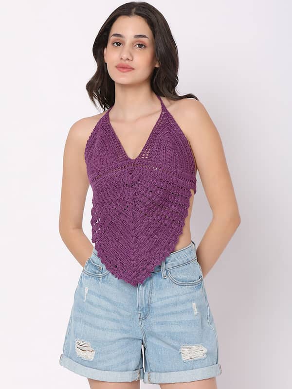 Berrylush Women Solid Pink Halter Neck Sleeveless Tie-Up Back Crepe Knitted  Crop Top