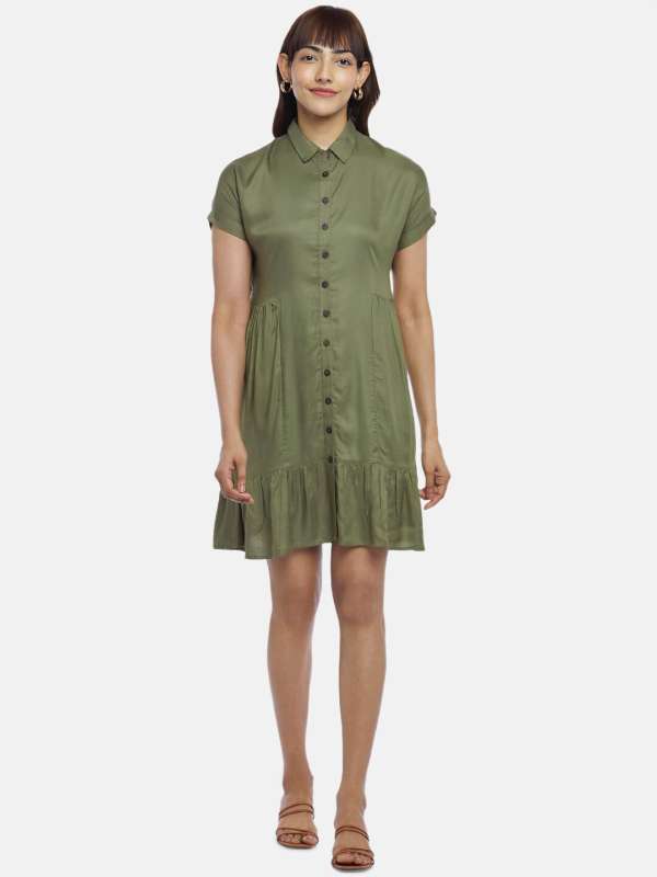 Lucky Brand Shirt Dress Womens XS Olive Green Button Down Roll Tab Long  Sleeve