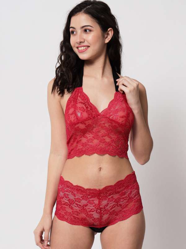 Buy online Halter Neck Laced Bra And Panty Set from lingerie for