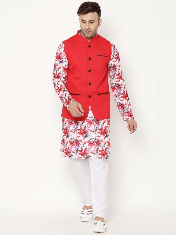 Red kurta white best sale pajama with jacket