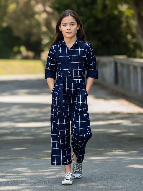 Blue and white checkered jumpsuit clearance