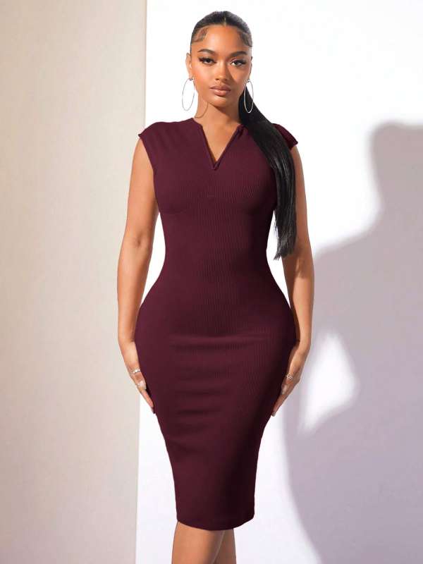 Burgundy Solid Bodycon Dress Buy Burgundy Solid Bodycon Dress online in India