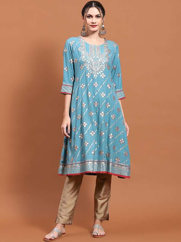 Shree White Teal Blue Printed A Line Kurtas Buy Shree White Teal Blue Printed A Line Kurtas online in India